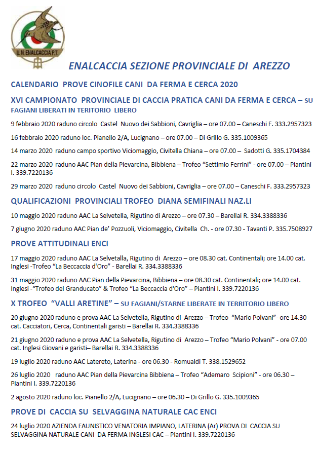 Calendario Manifestazioni Provinciali 2020 - Arezzo